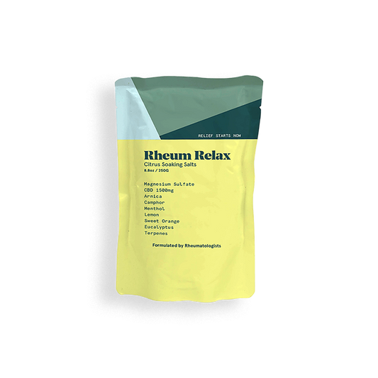 Packaging of Rheum Relax Citrus Soaking Salts on a white background
