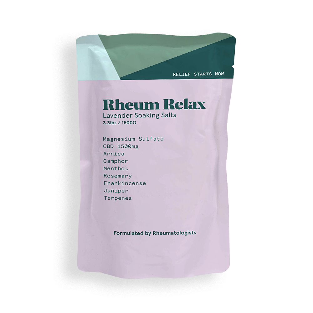 Purple package of Rheum Relax Lavender Soaking Salts with text on a white background