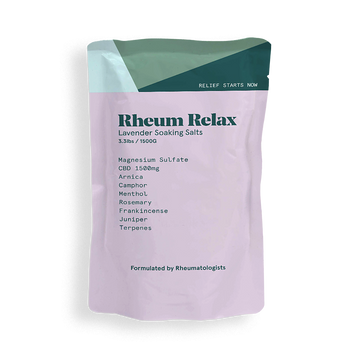 Purple package of Rheum Relax Lavender Soaking Salts with text on a white background