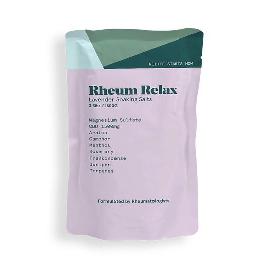 Purple package of Rheum Relax Lavender Soaking Salts with text on a white background